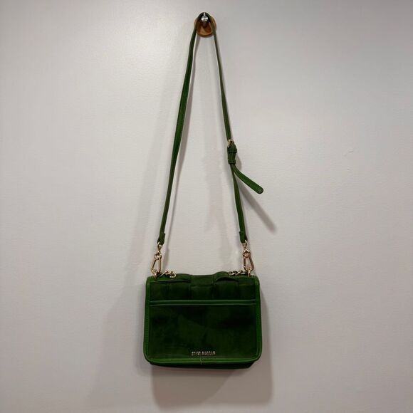 Steve Madden Kelly Green Purse Chain Shoulder Bag Faux Suede Flip Top Gold Quilt - Picture 7 of 11